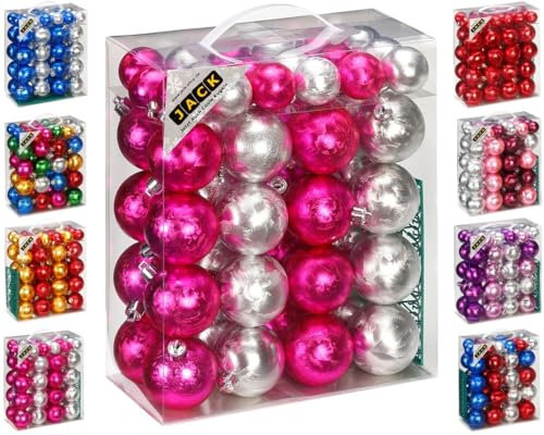 JACK by Inge 50x Kunststoff Kugeln Eislack Christbaumkugeln Ø 4+6cm inkl. Haken Glanz Glitzer Matt, Farbe:Pink-Silber