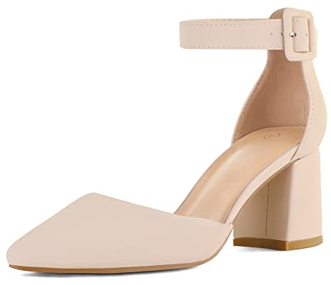mysoft Women's Pointed Toe Low Chunky Heels Closed Toe Ankle Strap Dress Pump Shoes - Available in Wide Sizes