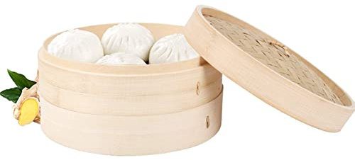 PIAOLING Cesta de Vapor de bambú, Cesta de Vapor China de 2 Niveles con Tapa, Comida, arroz, Verduras, Bollos Dim Sum, Pollo, Carne, mariscos, vaporera para Bolas de Masa hervida
