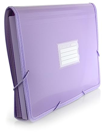 Carpeta Clasificadora PLUS 12 Divisiones, Apartado de Cuaderno, 80 Adhesivos y Cierre de Gomas con Laterales Reforzados en Tela - Resistencia y Calidad by Office Box. (Morado)