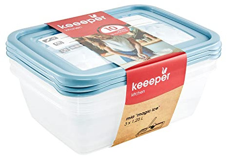 keeeper Lot de Boîtes de Conservation Alimentaire, Couvercle Réinscriptible, 3 x 1,25 l, 20,5 x 15,5 x 6,5 cm, Mia Magic Ice, Nordic Blue