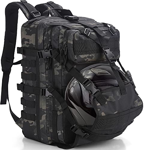 YOUNGOA Motorrad Helm Rucksack für Herren, 45L Militär Rucksack Groß, Wasserdicht Molle Motorradrucksäcke für Outdoor Survival Camping Sport Trekking Wander Grün Camo
