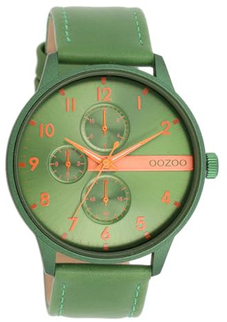 Oozoo Timepieces Herren Uhr in Green/Fluo orange (alu)| Armbanduhr Herren mit Lederarmband | Schöne Uhr für Männer | Edle Analog Herrenuhr (45mm Gehäuse) in rund C11308