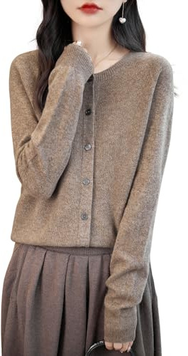 Chanyarn 100% Laine Mérinos Cardigan Femmes Gilet Tricot en Printemps Automne Manche Longues Col Rond(Tan,XL)