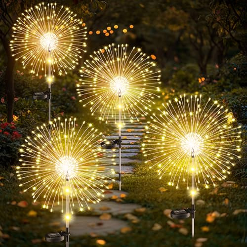 Luces Solares Led Exterior Jardin, 4 Piezas 120 LEDs Solares Fuegos Artificiales, Altura opcional de 82/102 cm, IP65 Impermeable Luces Solares Exterior para decoracion jardin Patio Aceras Balcón