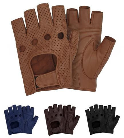 Swift Wear Fingerless Real Leather Cycle Biker Gym WheelChair Gloves Cycling Driving Body building weight lifting Hiking Half Finger Black Brown Summer Gloves Unlined