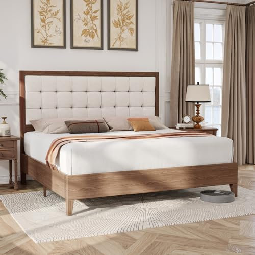 LUXOAK Lit en Bois de pin Massif 160 x 200 cm avec tête de lit rembourrée, lit en Bois pour Chambre à Coucher ou Chambre d'amis, Tissu en Lin, Noyer