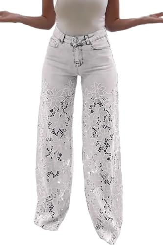 Sezhgswd Jeans patchwork en dentelle pour femme taille haute coupe droite jambe large évidée fleur transparente baggy stetch denim pantalon