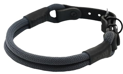 Soft Cord Double Grau Hundehalsband Schwarze Schnalle und Beschläge aus Metall, Länge 55cm Ø 10mm, doppelte Nylon Rundhalsung, einstellbar, robust, wetterfest, Endkappen schwarzes Leder