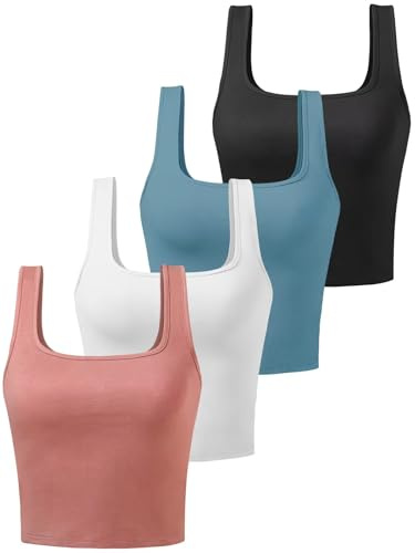 BryticFlow Cotton Crop Tops for Women Tank Tops Ladies Square Neck Going Out Tops Gym Athletic Sports Shirts Exercise Undershirts 4 Pack