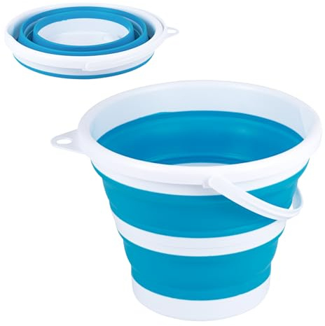 Cubo plegable de 5 litros, cubo de limpieza plegable de 5 litros, cubo de playa, para ahorrar espacio, plegable, para exteriores, pesca, arenero, camping, color azul y blanco