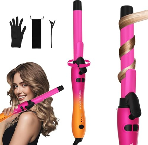 Rotating Hair Curler Curling Wand with Short Clamp, Automatic Curling Tongs 1 Inch Creates Loose Curls for Medium Long Hair, Extra-Long Barrel Curling Iron Double Ceramic, Dual Voltage, Rose Orange