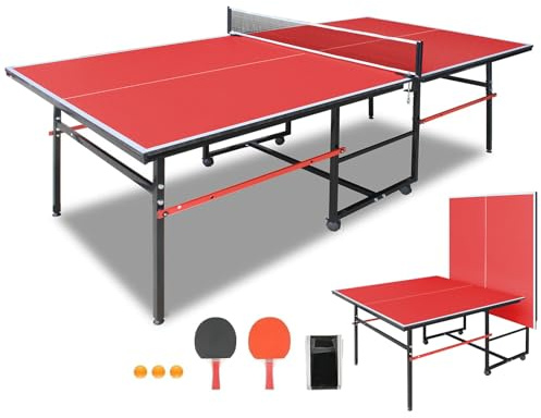 KEIKI Foldable 8FT Ping Pong Table Set, Portable Indoor Table Tennis Table with 0.5 MDF Top, Quick Setup Ping Pong Table for Home, 2 Paddles & 3 Balls, Red