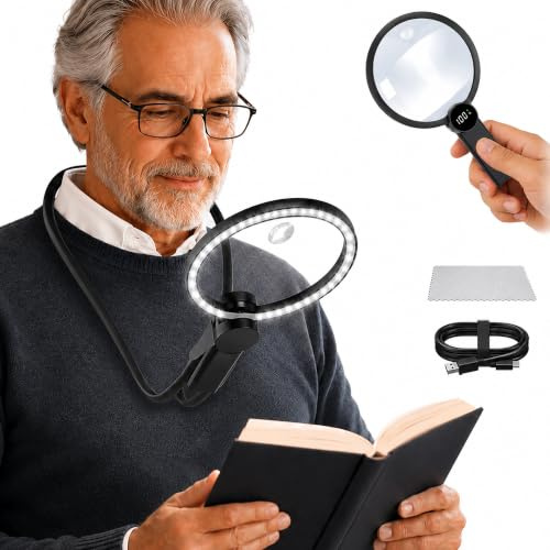 Loupe Grossissante avec Lumière | Loupe 3-en-1 Mains Libres | Col de Cygne Plat | Batterie 2500mAh + Écran Digital | Loupe de Lecture Grossissement 5x/10x | 48 LED Réglables | 130 mm