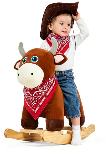 FUNLIO Gunghäst för barn 1-3 år gammal, vild modell med fluffigt huvud och ljusa ögon, plysch gunghäst, lätt att montera, CPC-certifierad