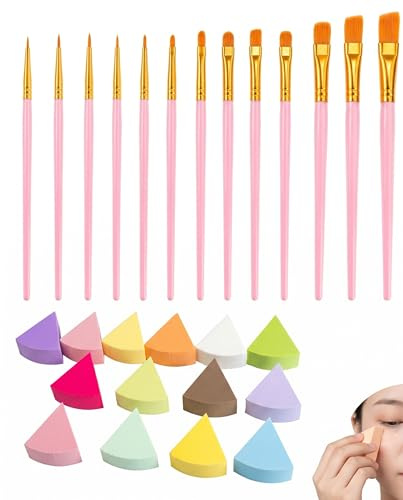 DLPRK 14 Esponjas de Maquillaje en Forma de Abanico + 10 Pinceles para Pintura Facial Set Sin Látex para Base y Polvo Cosmético