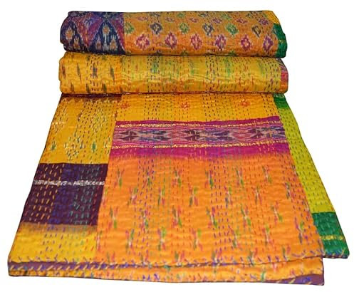 YUVANCRAFTS Trapunta Kantha in cotone patchwork – biancheria da letto tradizionale indiana fatta a mano, coperta vintage multicolore