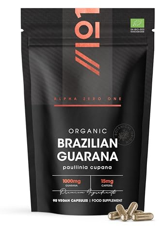 Organic Brazilian Guarana 1000mg - Energy Supplement Natural Source of Caffeine - 90 Vegan Capsules – Resealable and Recyclable Pouch by Alpha01