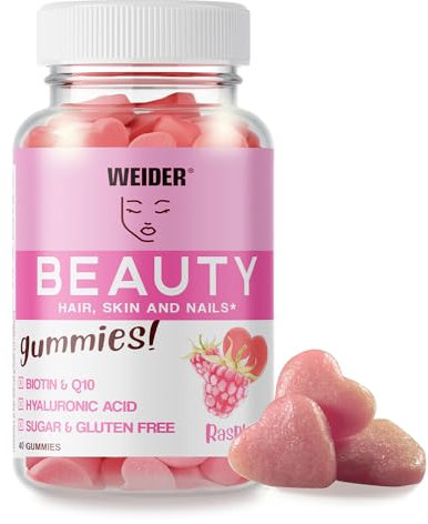 Weider Beauty Gummies, Vitamin Gummibärchen für Haut, Haare und Nägel, mit Biotin, Kollagen Hyaluronsäure und Coenzym Q10, leckere Fruchtgummies, hochdosiert, zuckerfrei, Himbeer-Geschmack