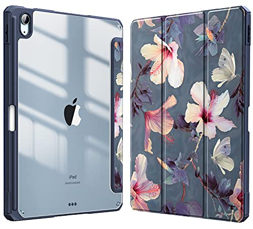 Fintie Hybrid Hülle für iPad Air 11 Zoll M4/M3/M2 (2026/2025/2024), iPad Air 5./4. Gen (2022/2020) 10,9 Zoll, mit Stifthalter, stoßfeste Schutzhülle mit transparenter Hartschale, Hibiskus