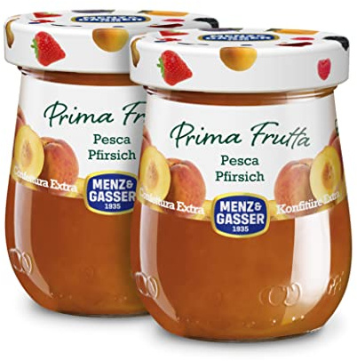 Menz&Gasser, Confettura Extra di Pesche Prima Frutta, con 50% di Frutta, Realizzata con Frutti di Alta Qualità IQF, 100% Made in Italy, Naturalmente Senza Glutine, Vegan, 2 Vasi da 340 g