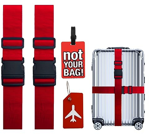 Pumuky Ensemble de Sangles pour Bagages, Sangles pour Valises,2 Pièces Sangles pour Bagages+2 Pièces éTiquettes pour Bagages, Accessoires de Voyage pour Valises pour (Rouge)