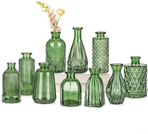 Oairse knoppvaser i glas, set med 10 grå glasvas för blommor, mini vintage flaskvaser för blomsterarrangemang, dekorativa små vaser i bulk för bröllop, bordsuppsatser, hembord