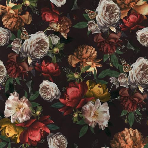 VEELIKE Moody Rose Pivoine Floral Papier Peint Mural Vintage Dark Bouquet Papillon Fleur Botanique Motif Botanique pour chambre à coucher, salle de bain, chambre d'enfant - Amovible 44,5 cm × 300 cm