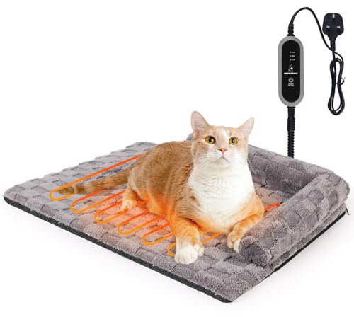 Heymamba Puppy Pet Heating Pad, Waterproof Heated Cat Bed with 10cm High L-Shaped Memory Sponge Side&Switch Controller, Cat Heat Pad Heating Cat Mat with Fleece Checkered Cover for Kittens, 58x42x10cm