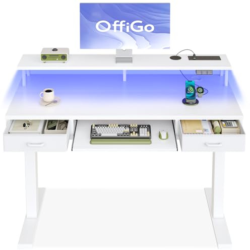 OffiGo Height Adjustable Desk, 120cm Electric Standing Desk with Drawers, Sit stand up Table with Keyboard Tray, Office Table with Sockets and LED Light, Monitor Stand, White