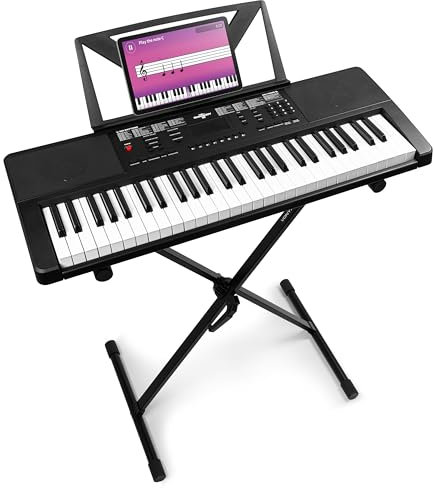 MAX Rhapsody54 - Keyboard Piano mit Notenhalter für Anfänger, 54 Tasten Keyboard mit Ständer, Lautsprecher, Display, 50 Demo Songs, Lern-Funktion, 600 Klangarten, 8 Percussion Sounds