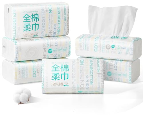 Purcotton Disposable Face Towel, 100% Cotton Dry Wipes, Biodegradable and Unscented Cotton Tissue, 600 Ct Face Cloths for Makeup Removing, Skin Care, Traveling, 20 x 20 cm
