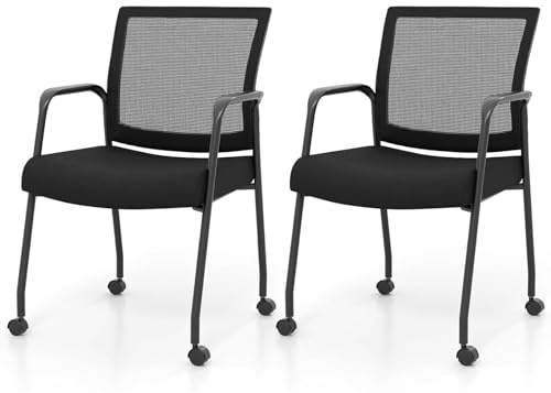 SFAREST Reception Chairs Set of 2, Movable Mesh Ergonomic Office Desk Chair with Wheels, Mid-Back Ergonomic Conference Guest Visitor Chairs for Waiting Meeting Room School (2 PCS, with Armrest)