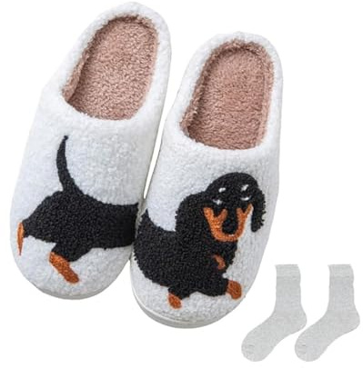RICOKJRDE Pantuflas Doxie, Cómodas Pantuflas De Perro Salchicha Para Mujeres Y Hombres, Pantuflas De Felpa Suave Con Suelas Antideslizantes (D,44-45)