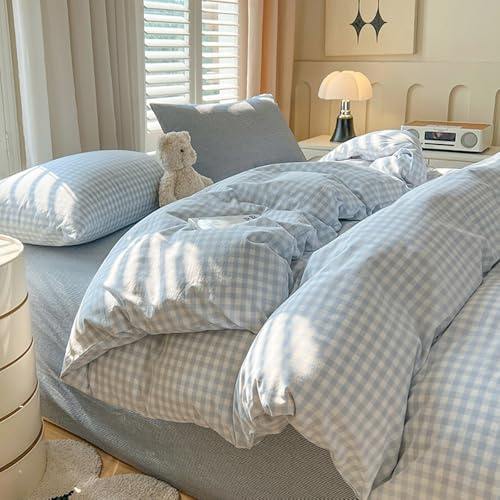 Ropa de cama de 220 x 240 cm, diseño de cuadros azul y blanco, moderno, juego de funda nórdica de estilo rústico geométrico a cuadros, funda nórdica de microfibra reforzada lavada y 2 fundas de