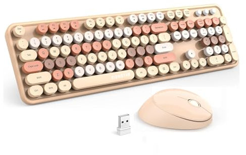 Zienstar-Set Tastiera e Mouse Wireless (Layout Italiano),Tasti Rotondi Retrò,Multicolore-Marrone