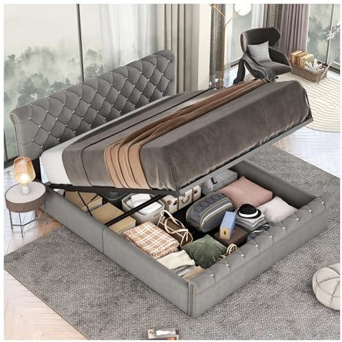 Wyibwy Cama matrimonial acolchada, 140 x 200 cm, con cabecero regulable en altura, cama contenedor hidráulico, somier de matrimonio, dormitorio completo, sin colchón, terciopelo, gris