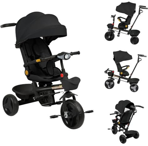 Homewell Kinderwagen mit schubstange, Dreirad ab 9 Monate, Kinderdreirad mit Musik & Licht, Verstellbarer Sitz-Liege-Modus, ausklappbarem Verdeck mit Sonnenschutz und 2 Ablagekörben (Schwarz)