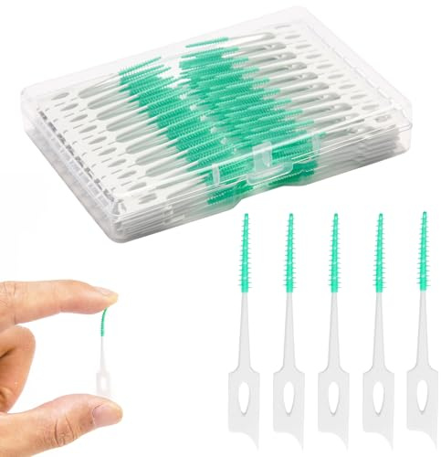 ACSKD Dental Floss Picks, 200 Count, Soft Rubber Brush Head, Interdental Brushes with Convenient Carry Case,Dual-Ended Toothpick Travel Teeth Cleaning Tools (Green)