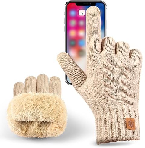 BAVATEE Gants Thermiques Femme, Gant Hiver Homme épaisseur peau d’agneau, Gants Tactile Smartphone papier conducteur, pour hiver/extérieur Gant Chauffant, cadeaux Noël ou fêtes. (beige)