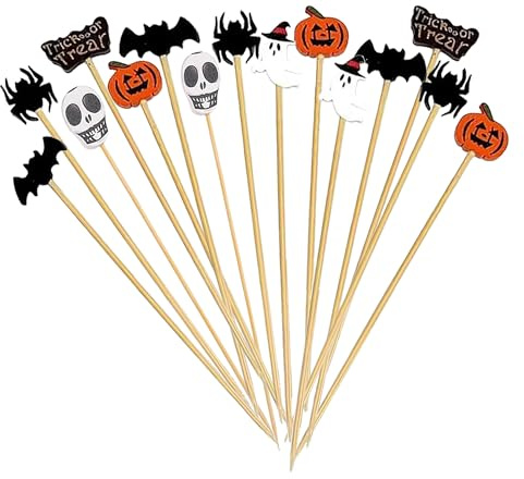 100 Palillos de Cóctel Bambú con Decoraciones, Palillos de Frutas para Tartas Suministros para Bodas, Pinchos de Cóctel, Pinchos Bonitos (Halloween)