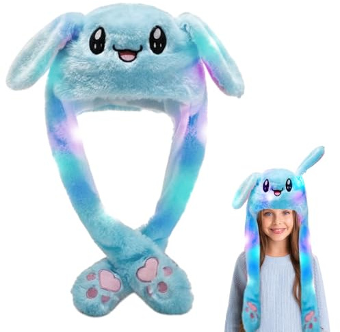 Aoreun Chapeau de Lapin en Peluche avec Oreilles Mobiles, Bonnet d'oreille de Lapin LED Peluche pour Adultes et Enfants, Amusant Chapeau en Peluches pour Maquillage, Cosplay, Fête de Noël (Bleu)