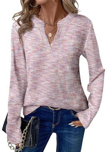 EIRUKON Tee Shirt Manche Longue Femme Chemisier Chic et élégant Gaufrette Waffle Tunique Automne Hiver T Shirt Col V Casual Léger Pull Mode Blouse Haut,Rose,L