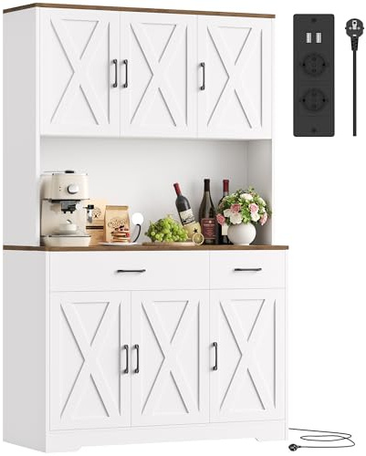 HOCSOK Küchenschrank 105x180 cm (BxH), Buffetschrank Weiß, Sideboard mit Steckdosen, Verstellbare Einlegeböden, Arbeitsplatten und 2 Schubladen, Vorratsschrank für Küche, Wohnzimmer, Esszimmer