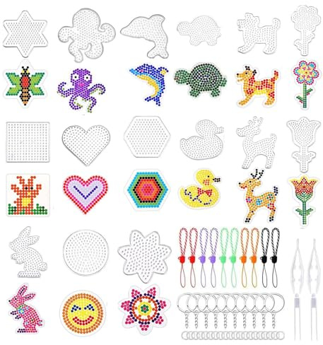 15 Stück Bügelperlen Platten, Bügelperlen Vorlagen 5mm mit Schlüsselband Schlüsselanhänger und Verbindungsring, Vorlagen für Perlen zum Basteln Steckperlen Platten für Geschenk Jungs Mädchen DIY