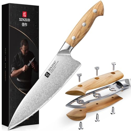 XINZUO 3 Strati Acciaio Composito 21cm Coltello da Cuoco -Professionale Coltello da Chef da Cucina-Nucleo in Acciaio 10Cr15CoMoV-Lama Affilata Uso in Cucina e Sala da Pranzo -Manico in Legno d'Ulivo