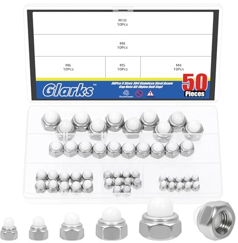 Glarks 50pcs M4/M5/M6/M8/M10 Nylon Acorn Cap Nuts Kit, Hex Dome Nuts, Acorn Hex Cap Dome Head Nut, Domed Crown Nut for Protecting Bolts, Furniture, Automotive, Electronic Equipment