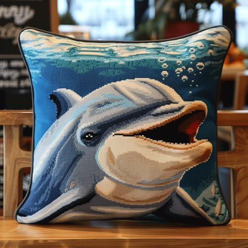 Kreuzstich Kissen Set Vorgedruckt, Delfin Stickkissen mit Muster 45X45cm Kreuzstich Kissen zum Basteln Stickkissen kissenbezug zum besticken kreuzstich