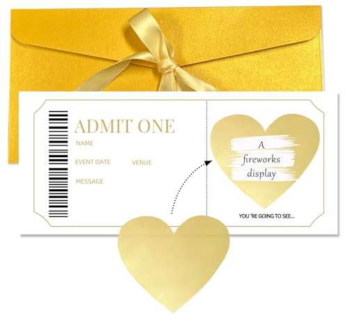 Personalised Golden Ticket Scratch Card Reveal - Concert Ticket Gift & Musical Theatre Gifts, Holiday Scratch Card Reveal, Heart-Shaped Scratch to Reveal Card for Events & Birthday