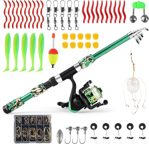 Eirolace Juego de pesca para niños, cañas de pescar telescópicas y carrete, 180 cm, juego de caña de pescar para niños con carrete de pesca y juego de cebo, caña de pescar telescópica de fibra de